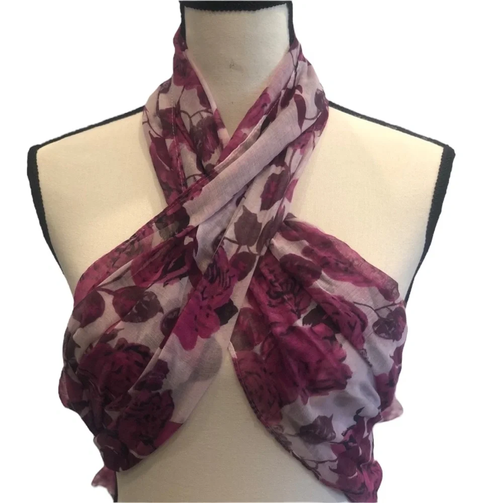 Purple Floral Semi Sheer Long Scarf Wrap Sarong Cover Up 71 x 22.5 inches